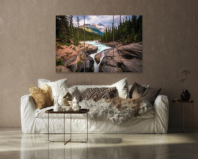 Nature Wall Art Prints - Ocean Forest Mountain Lake Canvas Landscapes - Small to Extra Large Living Room Bedroom Kitchen Bathroom Décor (Mountain River Waterfall, 55L" x 83W"- 3 Panels)