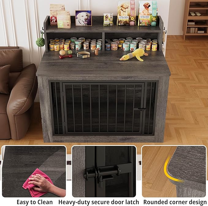 IRONCK Extra Large Dog Crate Furniture, 43.3 inches Wooden Dog Crate with Storage and 4 Hooks, Heavy Duty Pet Crate for Large Dog, Decorative Pet Cage for Indoor (30" L x 43.3" W x 41.1" H)