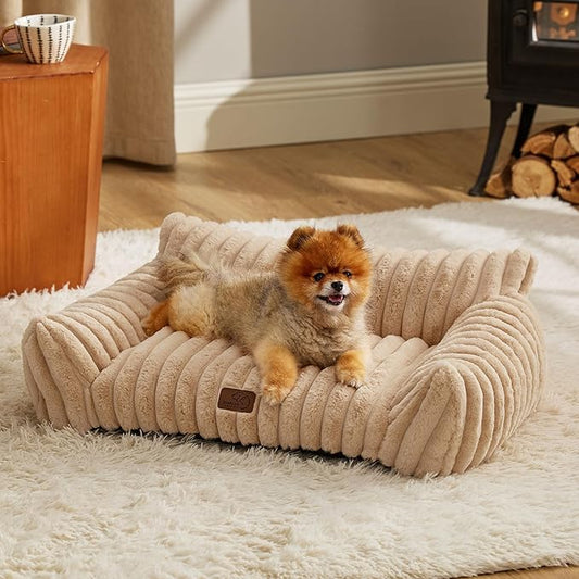 Bedsure Cute Cat Couch for Pets - Fluffy Small Dog Sofa with Premium Soft Corduroy Fleece, Pet Sofa with Removable Washable Cover, Supportive Dog Couch Bed for Small Medium Dogs, 30inch, Tuscan Beige