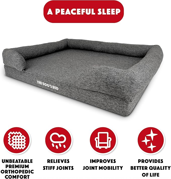 The Dog’s Bed, XL Grey Poly-Linen 43.5x34, Memory Foam, Pain Relief: Arthritis, Hip & Elbow Dysplasia, Post Surgery, Lameness, Supportive, Calming, Waterproof Washable Cover, Veterinary Approved