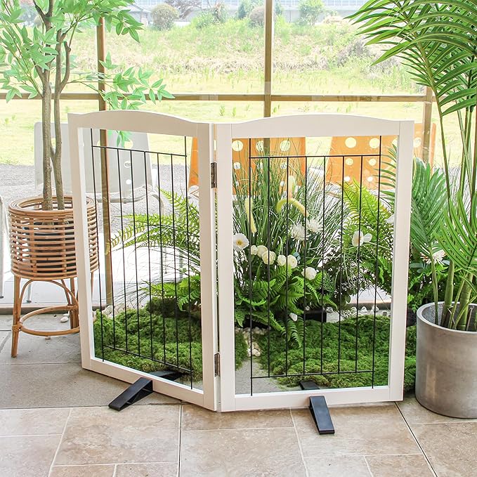 ZJSF Freestanding Dog Fence Indoor, Foldable Dog Gate for Doorways, Stairs or Hallways, Sturdy Wood Extra Wide Pet Gate with Support Feet for The House, White, 32 "Height-2 Panels