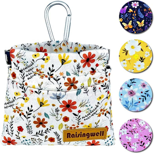 Dog Treat Pouch, Small Cotton Pocket Sized Training Holder, Hand Free Walking Funny Bag with Carabiner, Self-Closing Pet Feed Snack Reward, Behavior Aids for Puppy Travel or Outdoor Use