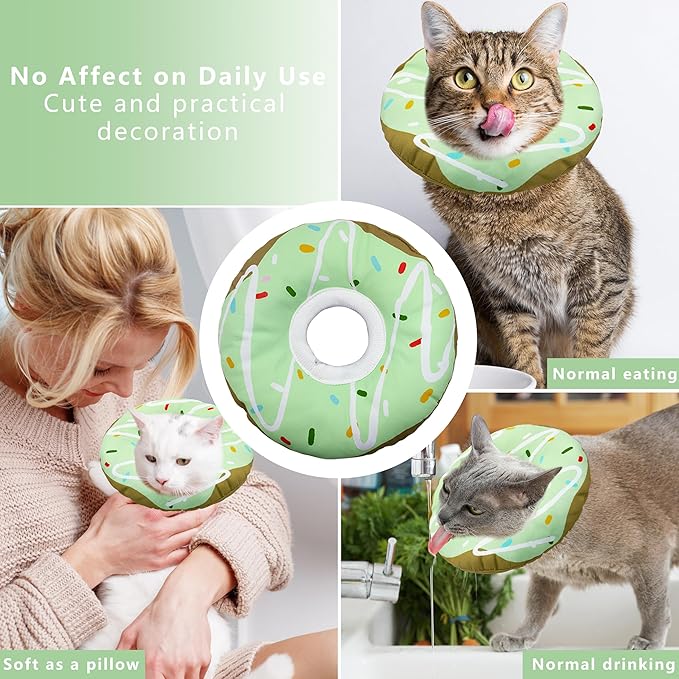 Cat Cone Collar Soft, Adjustable Cat Recovery Collar Kitten Cones to Stop Licking, Cute Donut E Collar After Surgery, Cats Neck Pillow Cone Elizabethan Cones of Shame (Waterproof Green, Medium)