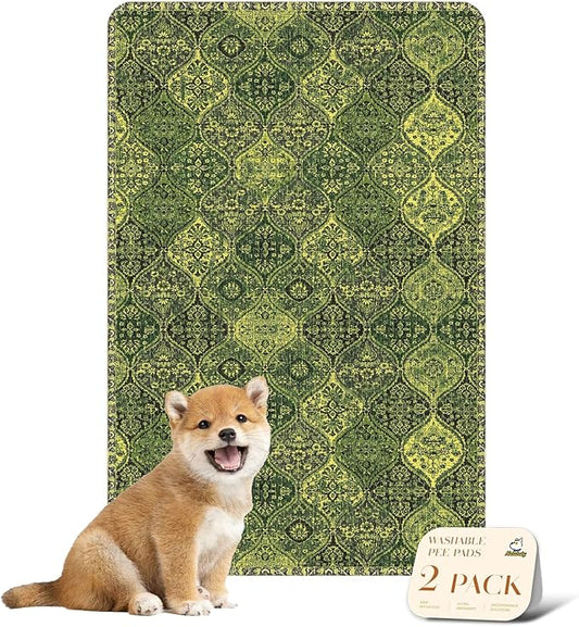 nunubaby Washable Pee Pads for Dogs, Stylish, Non-Slip and Leak-Proof Pee Pads. Reusable Potty Pads for Dogs for Crates and Floors.(Green/Multi, 24" x36")