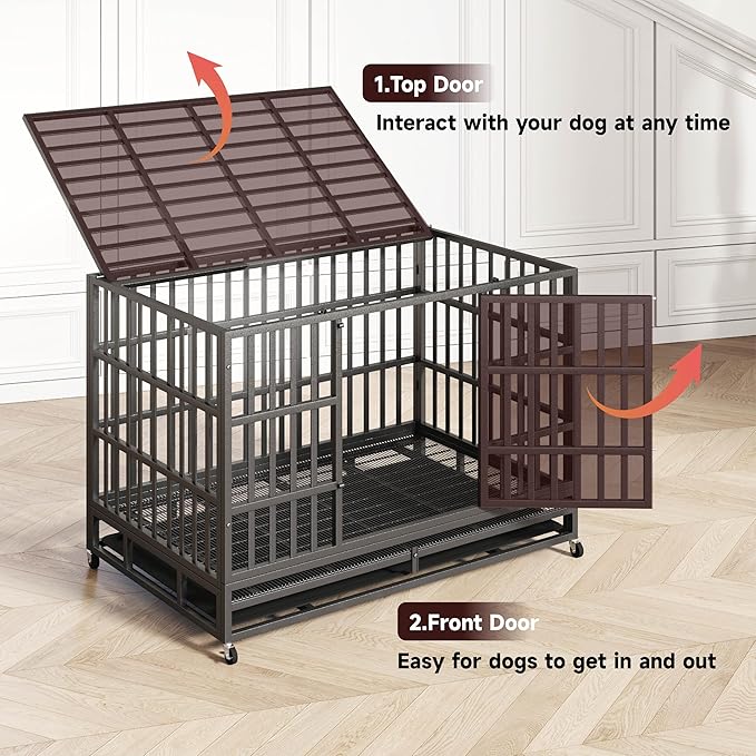 48 Inch Heavy Duty Indestructible Dog Crate Steel Escape Proof, High Anxiety Cage, Kennel with Wheels, Removable Tray, Extra Large XL XXL