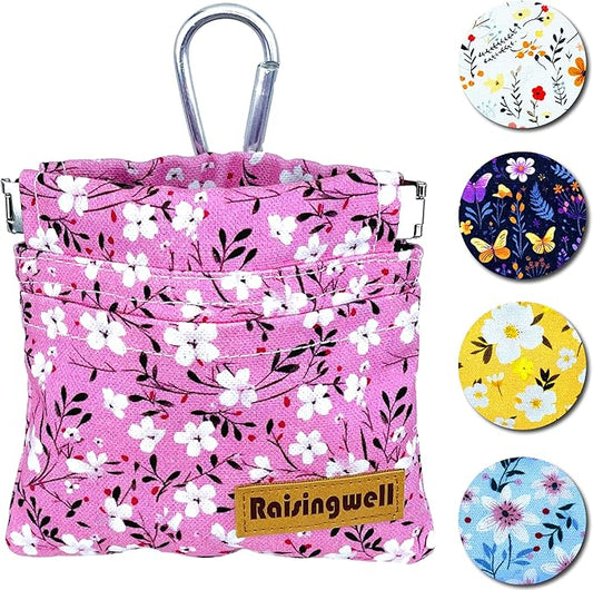 Dog Treat Pouch, Small Cotton Pocket Sized Training Holder, Hand Free Walking Fanny Bag with Carabiner, Self-Closing Pet Feed Snack Reward, Behavior Aids for Puppy Travel or Outdoor Use