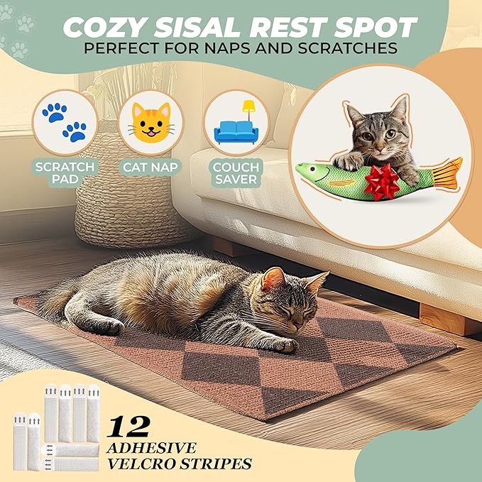 SCRATCHABLE Sisal Cat Scratcher, [+ Catnip Fish Toy], Cat Wall Scratcher, Couch Protector from Cat Scratching, 24 X 15.8 with 12 Adhesive Velcro Stripes. (Brown Diamonds)