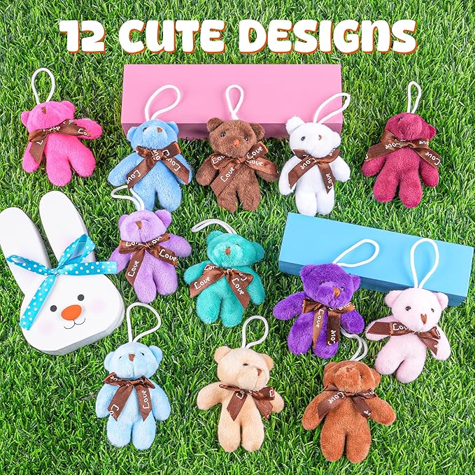 Sofier 12 Packs Mini Stuffed Animals Bulk Cute Plush Bear Toys Party Favors for Kids Treasure Box Toys Classroom Claw Machine Key Chains Prizes Small Valentine Halloween