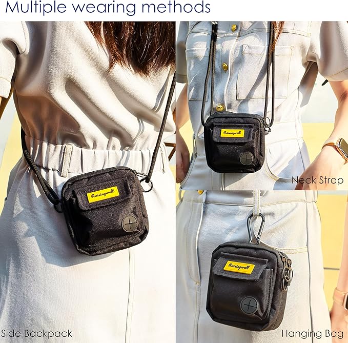 Dog Treat Pouch for Pet Walking and Training with Clicker, Poop Bags, and Three Bags Design Small Fanny Zipper Pack Holder for Puppy Snack Dispenser Kit for Leash and Outdoor Use (Black)