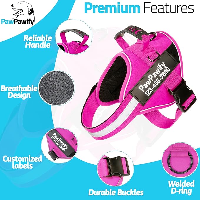 PawPawify Custom No Pull Dog Harness with Name and Phone Number, Heavy Duty Personalized Pet Vest to Prevent Tugging, Pulling, or Choking, Training and Walking (New Pink, XXL (85-140 LBS))