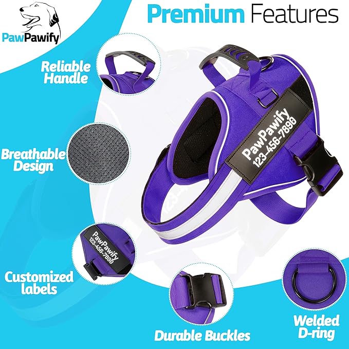 PawPawify Custom No Pull Dog Harness with Name and Phone Number, Heavy Duty Personalized Pet Vest to Prevent Tugging, Pulling, or Choking, Training and Walking (New Purple, S (10-19LBS))