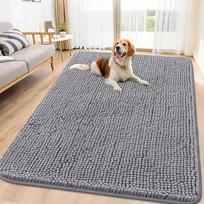 Smiry Dog Door Mat for Muddy Paws 71x46, Absorbs Moisture and Dirt Doormat, Non-Slip Washable Quick Dry Chenille Front Door Mat Indoor Entrance, Entryway Carpet for Inside Floor, Grey
