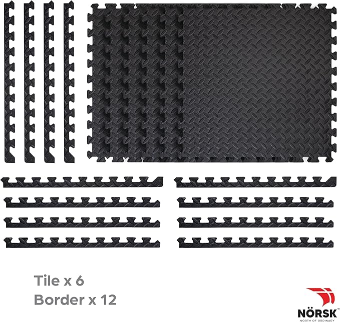 Norsk Foam Floor Gym Mats with Interlocking Tiles, .47" Thick, 24"x24", 30-Pack, 120 Square Feet, Diamond Plate Design, Black