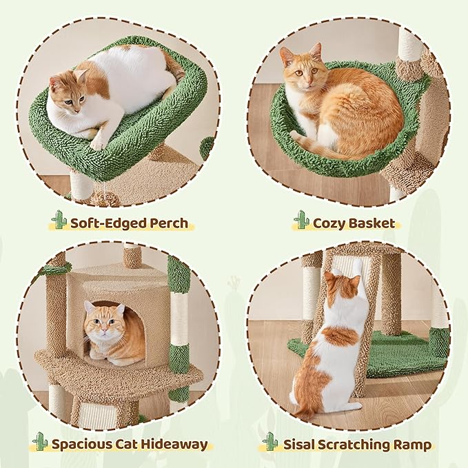 Yaheetech Cactus Cat Tree, 42in Cat Tower for Indoor Cats, Multi Level Kitten Condo Scratching Post, Pet Activity Center Furniture w/Ball, Plush Perch, Platform, Basket, Brown/Green