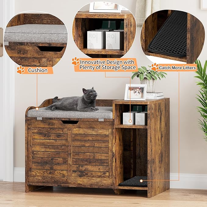 TrailBlaze Litter Box Enclosure with Top Opening&Scratching Mat, Cat Litter Box Furniture with Cushion Litter Box Hidden Wooden Cat Washroom Farmhouse Style Cat House for Hallway, Bedroom, Retro
