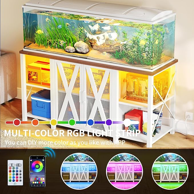 YITAHOME 90-120 Gallon Reptile Tank Stand with Power Outlet & LED Light, Heavy Duty Aquarium Stand with Accessories Storage Cabinet - Metal Fish Tank Stand for Turtle, Reptile, 2000LBS Capacity, White