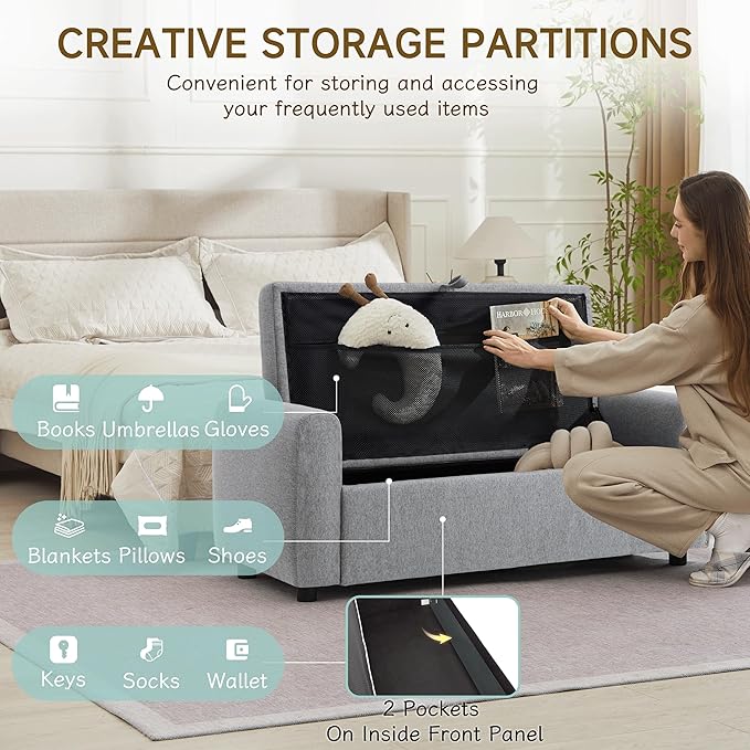 Ottoman with Storage, Tufted Storage Bench for Bedroom, 48" Fabrics End of Bed Bench, Upholstered Entryway Shoe Benches with Rolled Arm & Inner Zipper, Window Ottomans Chest without Rivets, Dark Grey