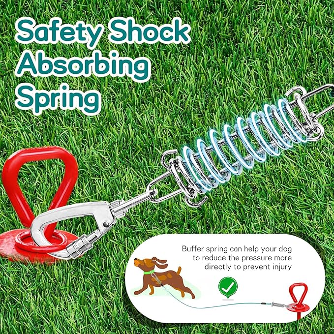 Tie Out Cable for Dogs, 15FT Dog Leads for Yard Chew Proof, Heavy Duty Dog Tie Out Cable with Shock Absorbing Spring for Large Dogs Up to 125lbs, Durable Dog Runner for Yard or Camping