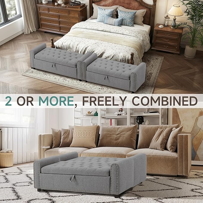 Ottoman with Storage, Tufted Storage Bench for Bedroom, 48" Fabrics End of Bed Bench, Upholstered Entryway Shoe Benches with Rolled Arm & Inner Zipper, Window Ottomans Chest with Rivets, Drak Grey