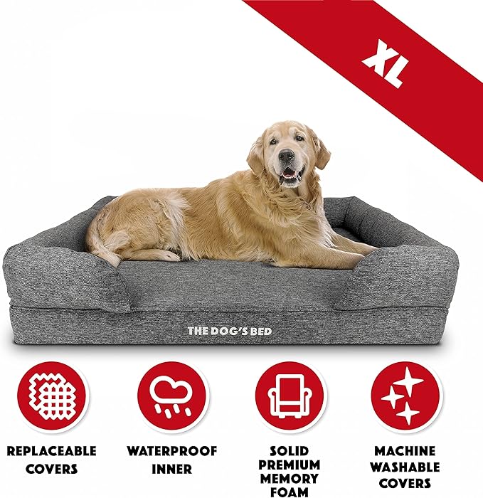 The Dog’s Bed, XL Grey Poly-Linen 43.5x34, Memory Foam, Pain Relief: Arthritis, Hip & Elbow Dysplasia, Post Surgery, Lameness, Supportive, Calming, Waterproof Washable Cover, Veterinary Approved