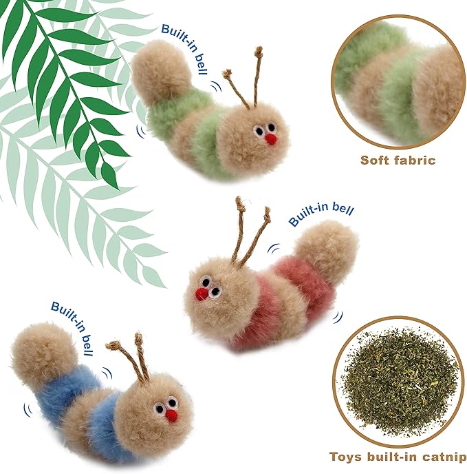 Interactive Natural 3 PK Catnip Toy, with Rattle, Bite Resistant, for All Ages Indoor Cat, Soft Caterpillar Toys, Fluffy Kitten Toy