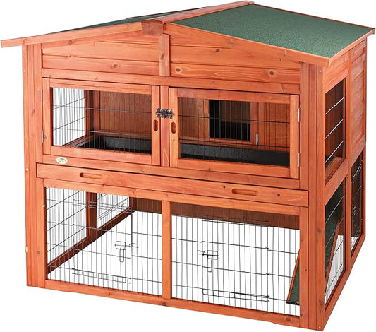 TRIXIE natura Outdoor Deluxe Rabbit Hutch with Run - Large 2-Story Rabbit Cage with Non-Slip Ramp - Elevated Small Animal House with Secure Playpen, Hinged Roof & Two Pull-Out Trays - in Natural