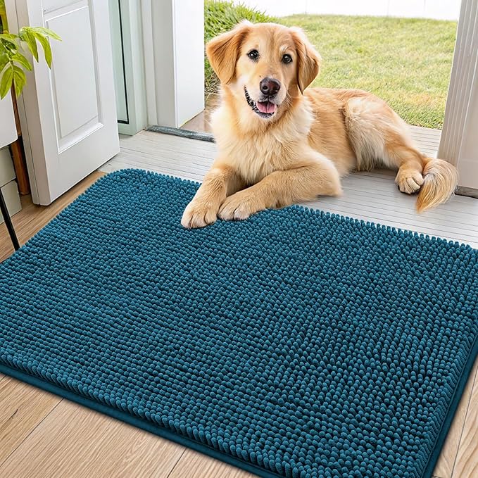 Smiry Dog Door Mat for Muddy Paws 36x24, Absorbs Moisture and Dirt Doormat, Non-Slip Washable Quick Dry Chenille Front Door Mat Indoor Entrance, Entryway Carpet for Inside Floor, Atlantic Blue