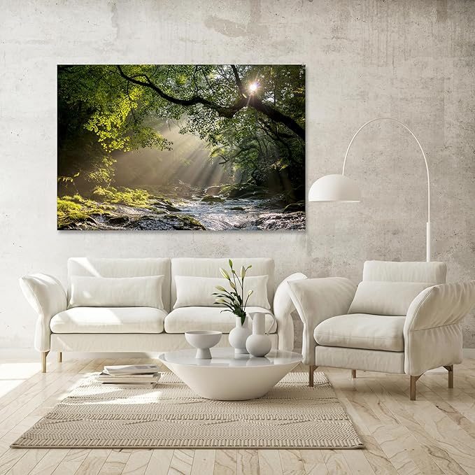 Nature Wall Art Prints - Ocean Forest Mountain Lake Canvas Landscapes - Small to Extra Large Living Room Bedroom Kitchen Bathroom Décor (Rocky River in the Woods, 35L" x 53W")