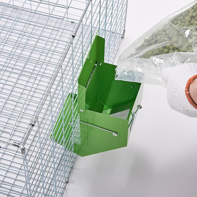 Metal Small Animal Feeder with Lid, Heavy Duty, Large Capacity Food Dispenser, Great for Rabbits, Guinea Pigs, Chinchillas and Other Small Animals (7.4 inch, Green)