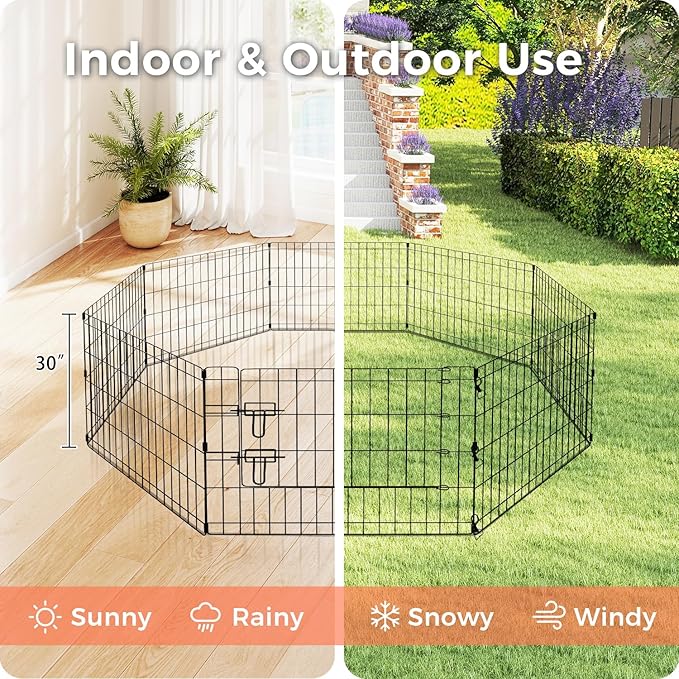 Foldable Dog Playpen 30" Height 8 Panels Metal Exercise Pen with Door - Indoor/Outdoor Puppy Playpen for Small Dogs, Portable Pet Fence for Yard Garden Camping, Black