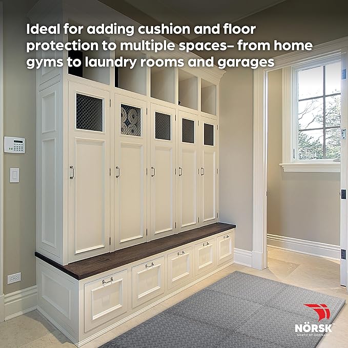 Norsk Foam Floor Gym Mats with Interlocking Tiles, .47" Thick, 24"x24", 60-Pack, 240 Square Feet, Diamond Plate Design, Grey