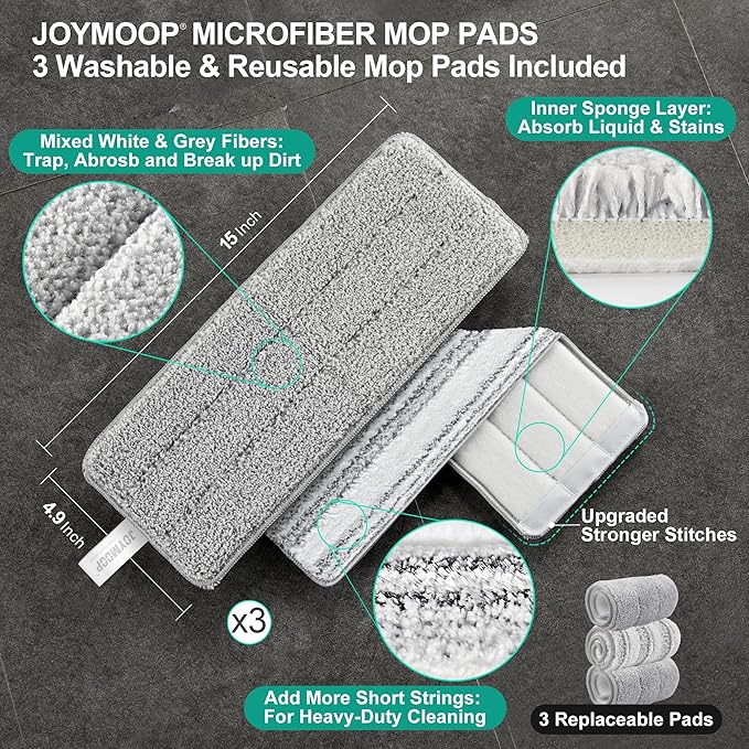 JOYMOOP Mop and Bucket with Wringer Set, Flat Squeeze Mop with Bucket (X-Large), Dust Mop for Wall Cleaner with Long Handle, Microfiber Mop - White Bucket with 3 Reusable 15" Pads