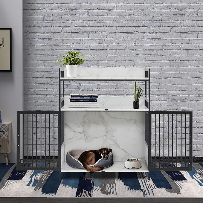 MCombo Furniture Style Dog Crate with Storage Shelves, Heavy Duty Wooden Dog Cage End Table, Triple Doors Pet House Indoor, 1368 (White)