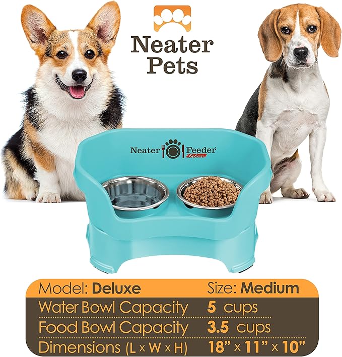 Neater Pet Brands Neater Feeder Deluxe Mess Proof Dog Bowls Elevated for Medium Dogs 19-40 lbs, Made in USA, No Spill Raised Dog Food Bowl Stand Feeding Station, Food and Water Bowl Set, Aquamarine