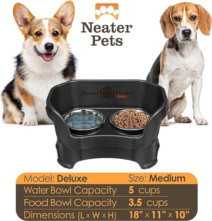 Neater Pet Brands Neater Feeder Deluxe Mess Proof Dog Bowls Elevated for Medium Dogs 19-40 lbs, Made in USA, No Spill Raised Dog Food Bowl Stand Feeding Station, Food and Water Bowl Set, Black