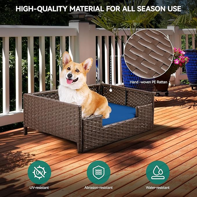 YITAHOME Rattan Dog Sofa Bed with Cushion,Wicker Pet Bed Sofa Couch Indoor Outdoor Water Unaffected for Large Medium Small Dogs Cats (24.8''L*19.7''W*9.8'',Blue)