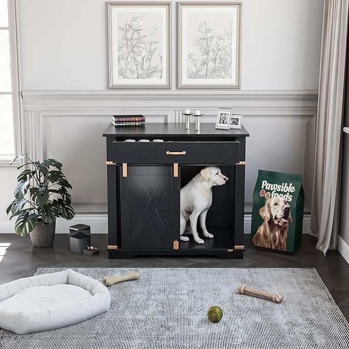 LZUUOB 37.8'' Dog Crate Furniture with Storage Drawer, Decorative Wooden Dog Kennel with Sliding Barn Door, Indoor Water Resistant Cage for Pet, Small, Medium, Large Dog (Black Gold Oak)