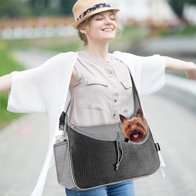PetAmi Small Dog Sling Carrier, Soft-Sided Crossbody Puppy Carrying Purse Bag, Adjustable Sling Pet Pouch to Wear Medium Dog Cat Travel, Dog Bag for Traveling, Poop Bag Dispenser, Max 10 lbs, Gray