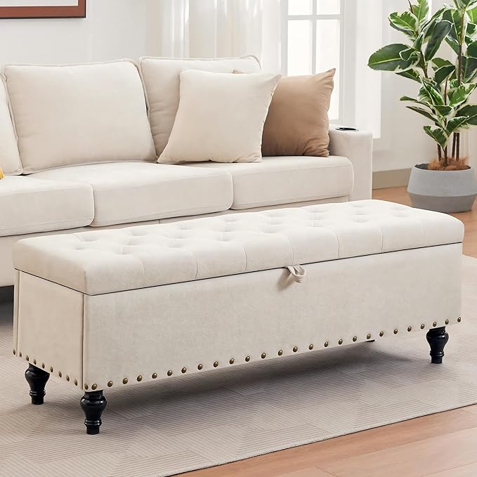 Mangodan51” Linen End of Bed Storage Bench, Tufetd Upholstered Storage Ottoman Bench with Safety Hinge, 330 lb Large Ottoman with Storages for Living Room, Entryway & Bedroom, Window Benches, Beige
