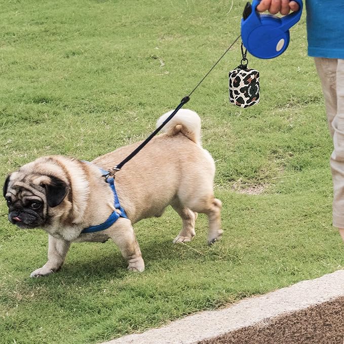 Petmolico Dog Poop Bag Holder Leash Attachment, Waste Bag Dispenser Zippered Pouch, Fits Any Leash, Includes Free Roll of Bags, 2 Pack - Leopard
