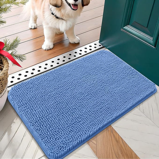 OLANLY Dog Door Mat for Muddy Paws 24x16, Absorbs Moisture and Dirt, Absorbent Non-Slip Washable Doormat, Quick Dry Chenille Mud Mat, Entry Indoor Entryway Carpet for Inside Floor, Cornflower Blue