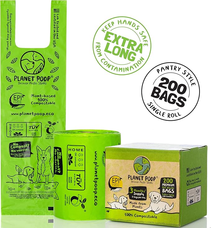 PLANET POOP Home Compostable Dog Poop Bags Extra Long with Handles | Large Single Roll 200 Grab & Go | Un-scented Dog Waste Bag | Leakproof Doggy & Cat Bags | Plant-Based Pet Supplies