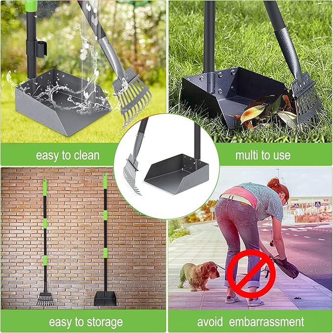 Niubya Pooper Scooper for Dogs, Metal Poop Scooper Tray and Rake Set with Adjustable Long Handle, Dog Pooper Scooper for Pet Waste Removal