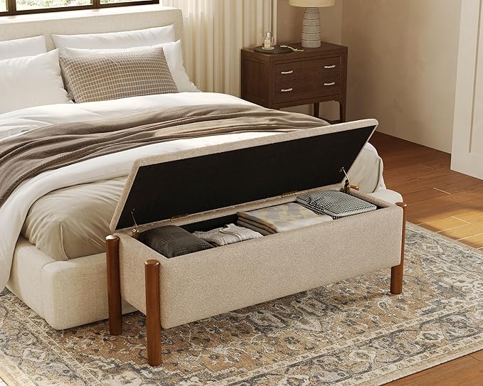 Storage Ottoman Bench, End of Bed Bench for Bedroom, 47" Boucle Upholstered Entryway Shoe Seat Bench, Holds up to 660 lb Storage Ottoman, Padded Blanket Chest Stool Foot Rest for Living Room Beige