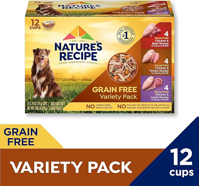 Nature's Recipe Nature’s Recipe 2.75 Ounce Grain Free Chicken & Beef, Chicken & Turkey, Chicken & Lamb Wet Dog Food Variety Pack, 12 Pack, 2 Count Case