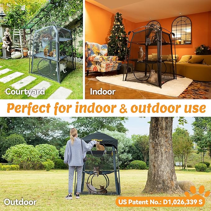 Extra Large Catio Outdoor Cat Enclosure,3 Tier Cat Tower Tent Weatherproof & Sunproof with 3 Doors, Foladable and Portable for Patio, Deck,Camping, Indoor & Outdoor(Patented)-Wave Shade