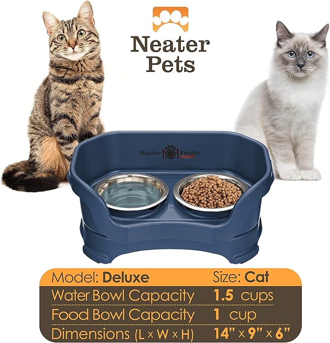 Neater Feeder Deluxe Mess Proof Cat Bowls Elevated for All Breeds – Made in USA – No Spill Raised Bowls for Indoor Cats – Stainless Steel Food and Water Bowl Set, Pet Dish Feeding Station, Dark Blue