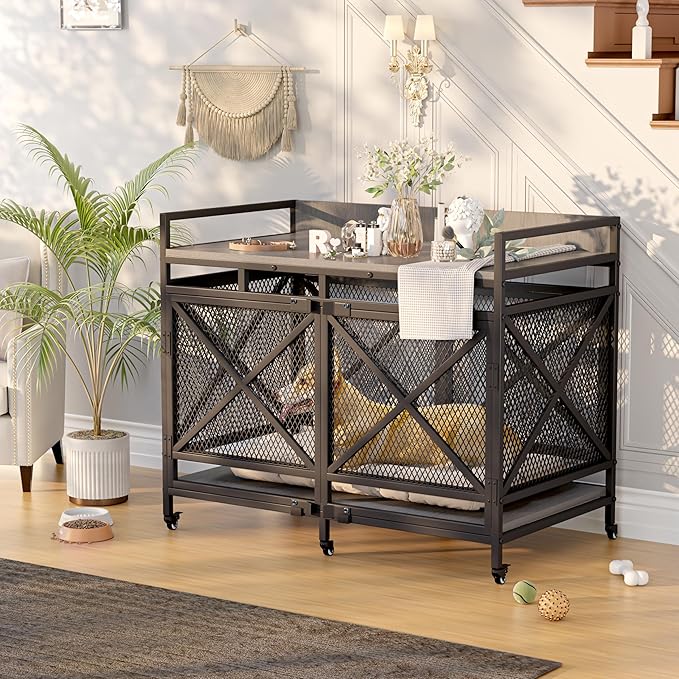 COZPAW Large Dog Crate Furniture, 48 Inch Wooden Dog Kennel for XLarge Dogs, Heavy Duty Dogs Furniture Indoor Wire Dog Cage with Caster Wheels,Decorative Pet House End Table, Textured Gray