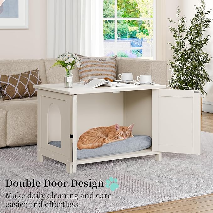 Vongrasig Cat Litter Box Enclosure,Litter Box Furniture Hidden with Barn Door,Wooden Cat Washroom Furniture,Cat House,End Table, Fit Most of Litter Box, White
