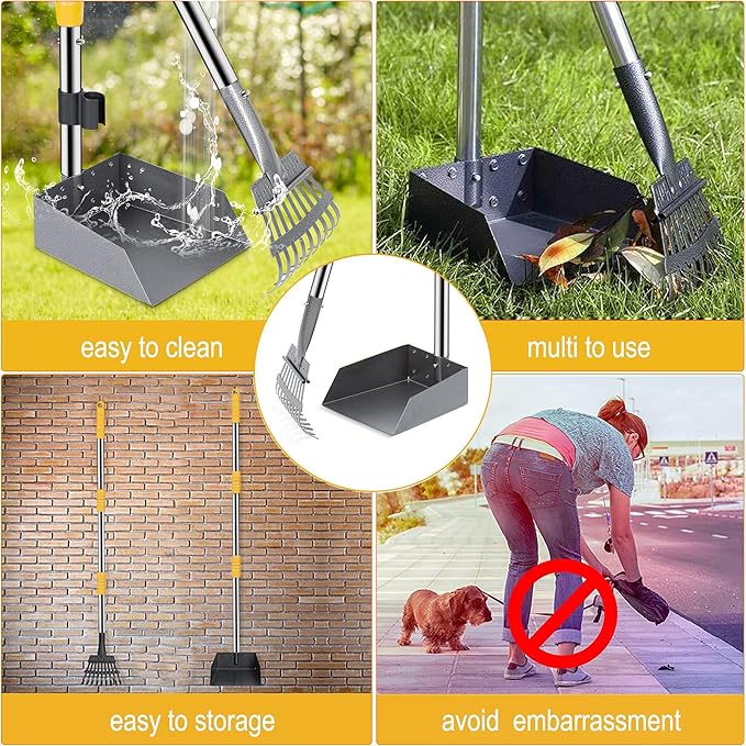 Niubya Pooper Scooper for Dogs, Metal Poop Scooper Tray and Rake Set with Adjustable Long Handle, Dog Pooper Scooper for Pet Waste Removal